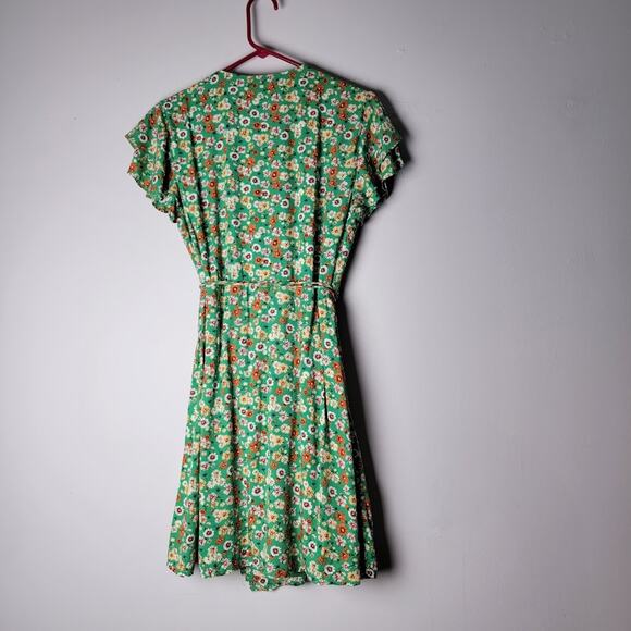 Mi Ami Green Floral True Wrap Dress M Lined Boho Cottagecore Flutter Sleeve Soft - Picture 3 of 10